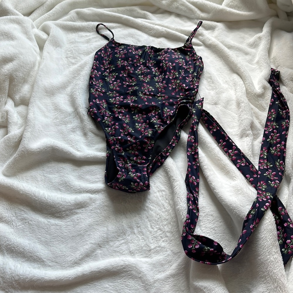 J.crew navy floral re imagined tie waist swim suit